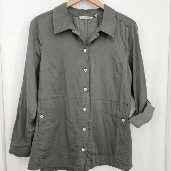 Soft Surroundings Thelma Tencel Button Down Roll Tab Shirt in Thyme Size Medium - Picture 1 of 11
